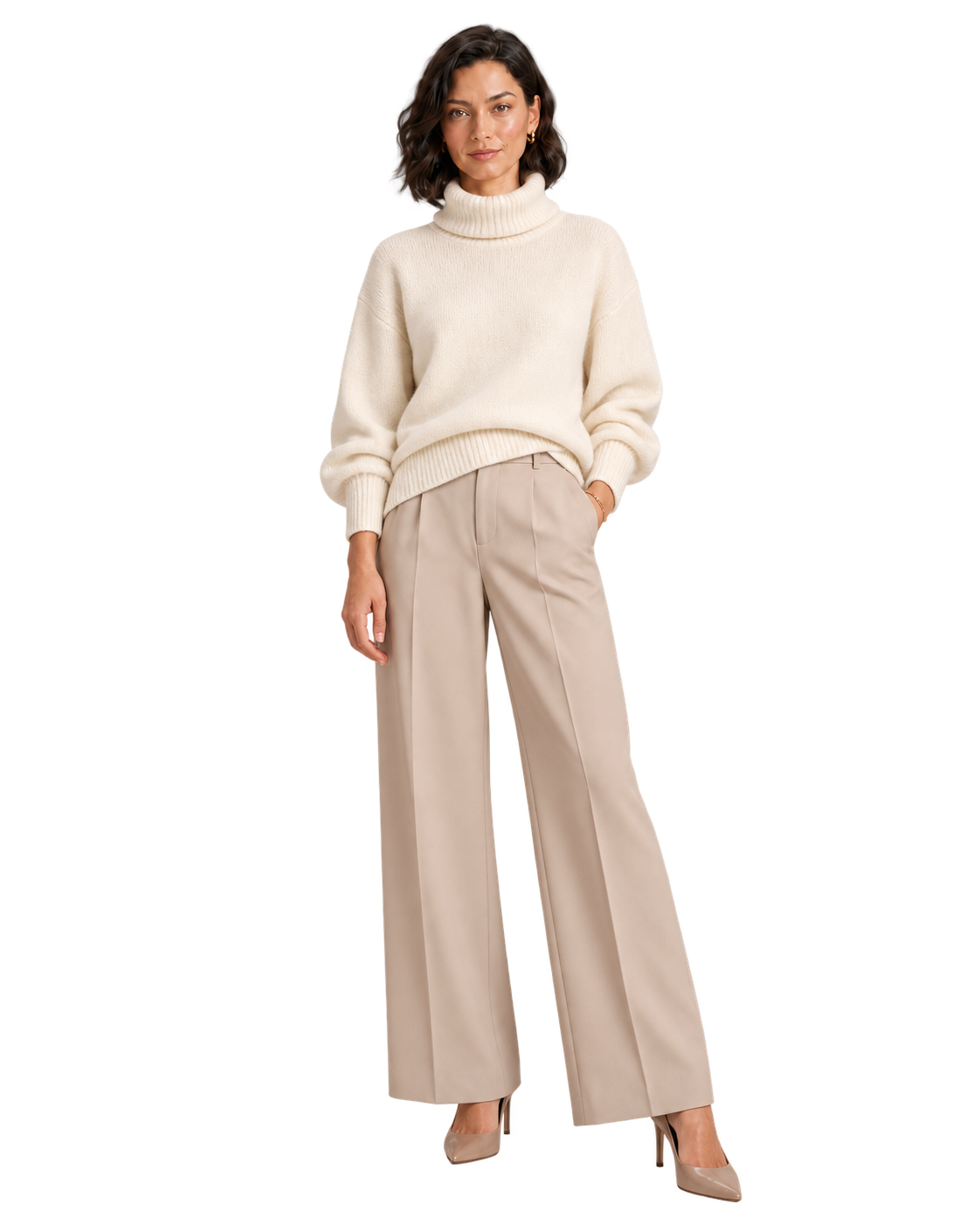 Boğazlı Oversize Triko Kazak - Krem